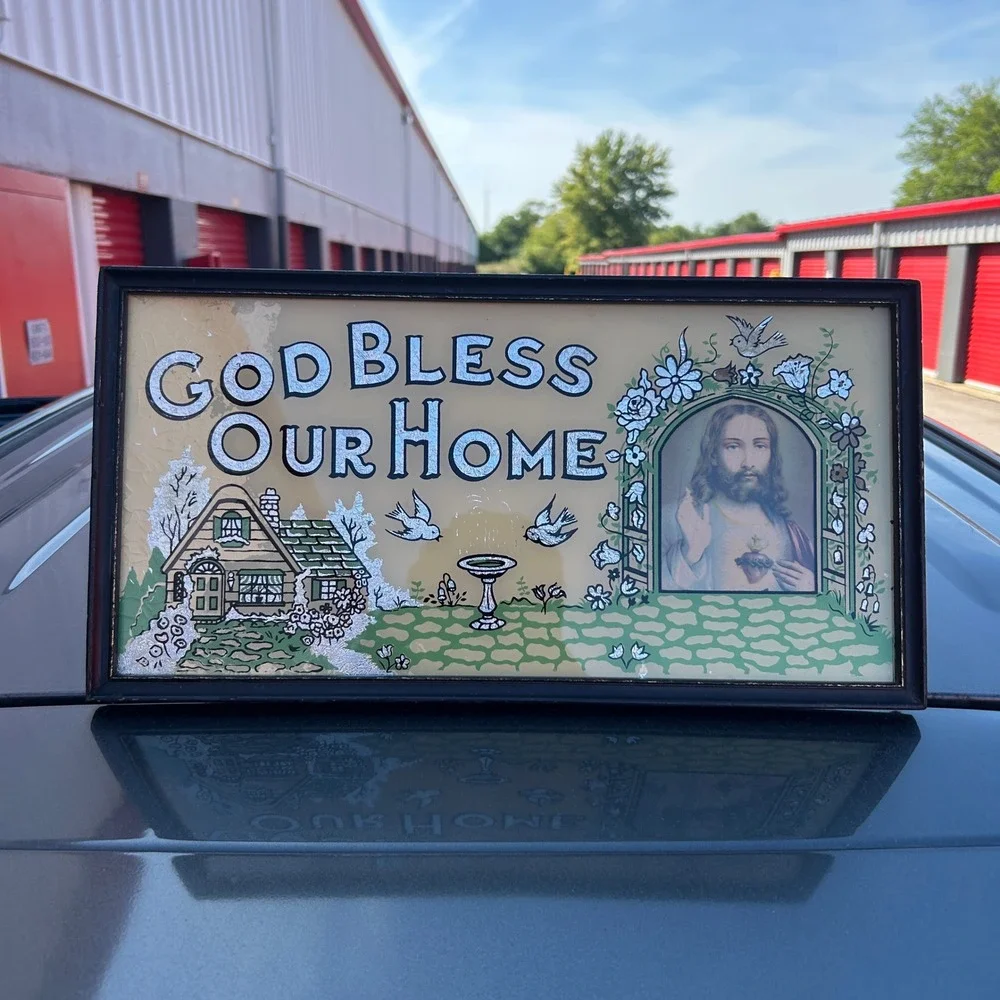 Vintage God Bless Our Home Reverse Painted Glass Foil Sign Sacred Heart Jesus